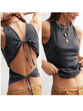 Cotton Backless Black Tank Top Rib-Knit